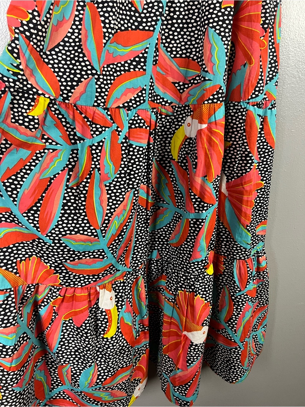 Tropical Floral Polka Dot Tiered Maxi Dress Smocked Waist Short Sleeve Size L - Picture 5 of 5